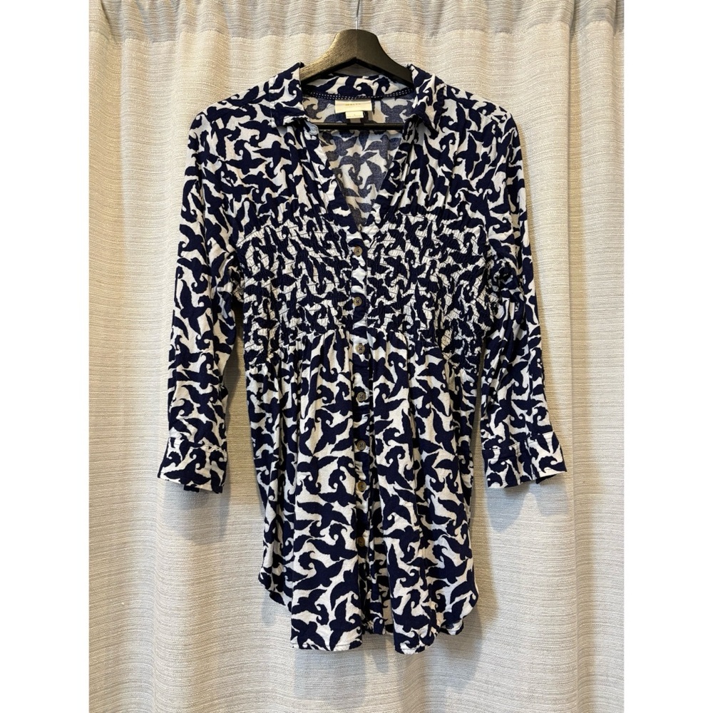 Anthropologie Maeve Alexa Smocked Small Tunic, Blue/White Pattern - Picture 4 of 11
